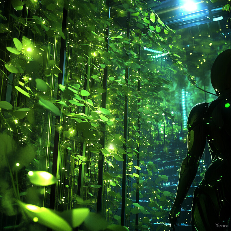 A humanoid robot stands in front of a wall covered in vines and leaves, surrounded by screens displaying data.