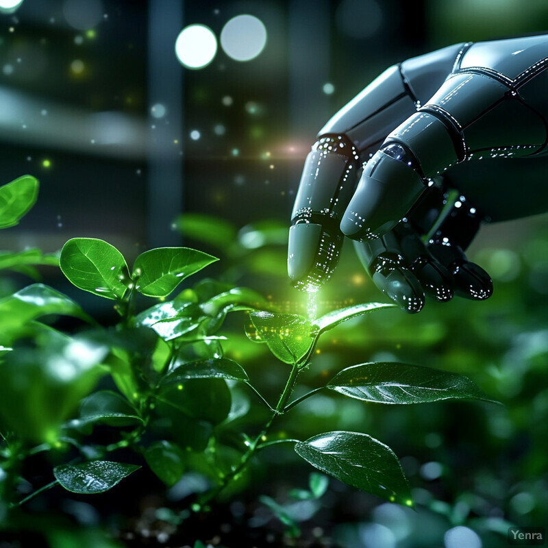 A robotic hand reaches out to touch a small plant with shiny green leaves in a laboratory or greenhouse setting.