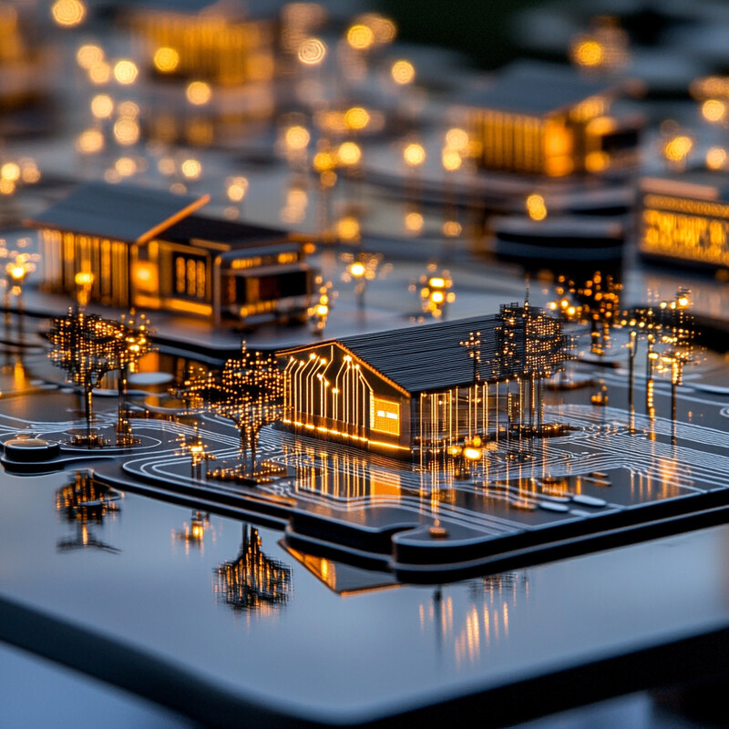 A miniature cityscape made from computer chips and circuit boards, illuminated by glowing gold lights.