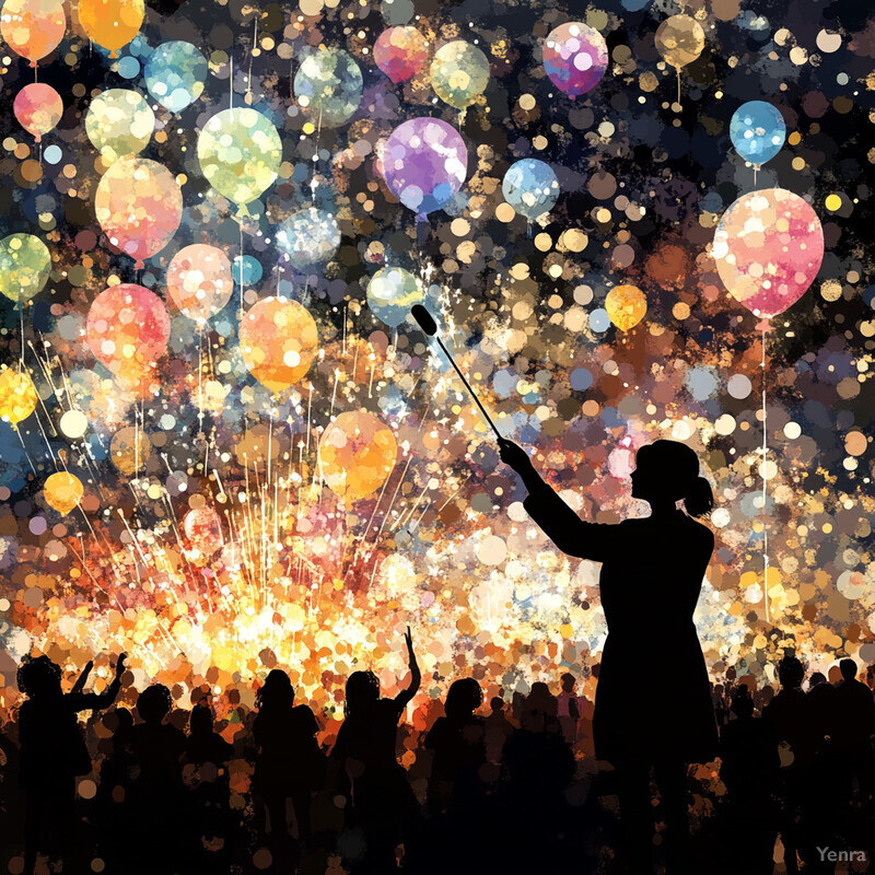 A conductor leads an orchestra in a lively outdoor performance, surrounded by a cheering crowd and colorful decorations.