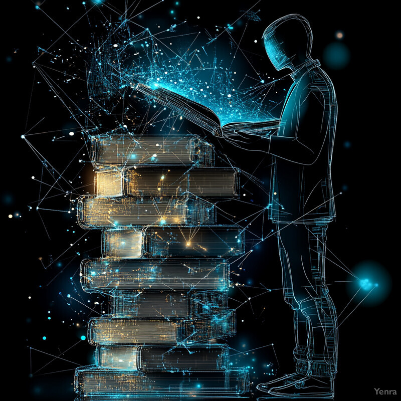 This infographic uses a creative visual representation to illustrate the concept of predictive caching and prefetching, with a large stack of books in the background and a person standing beside them holding an open book.