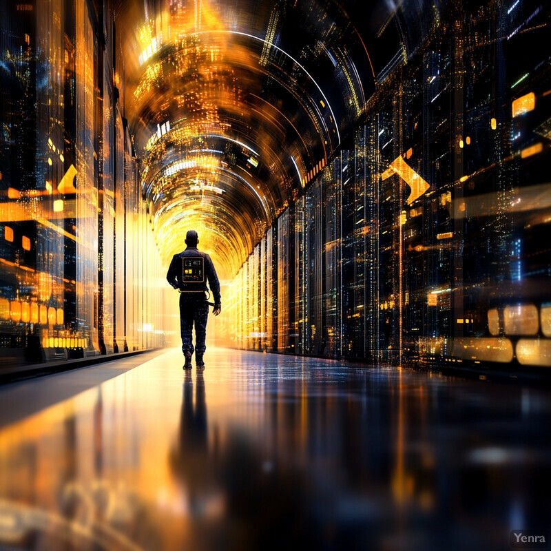 A futuristic scene with a man walking through a tunnel of servers and lights, possibly representing predictive maintenance for edge infrastructure.