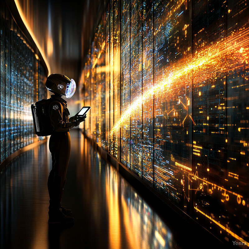 A person in a black spacesuit interacts with a large screen displaying a cityscape at night.