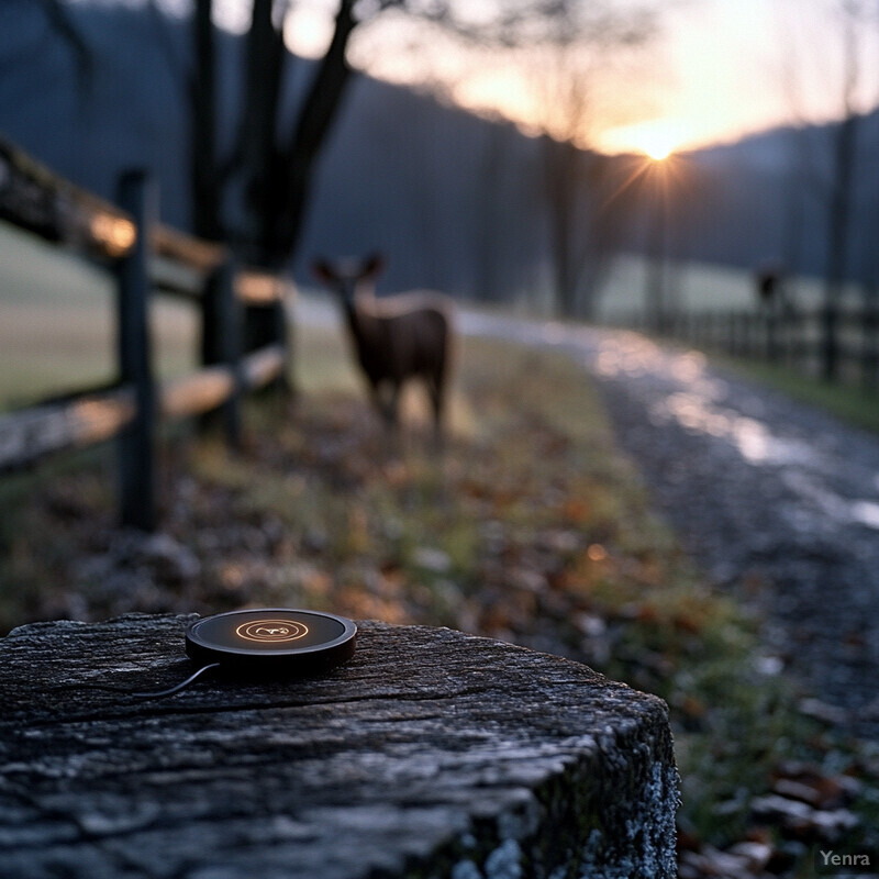 Two deer in a grassy field with wooden fences and trees.