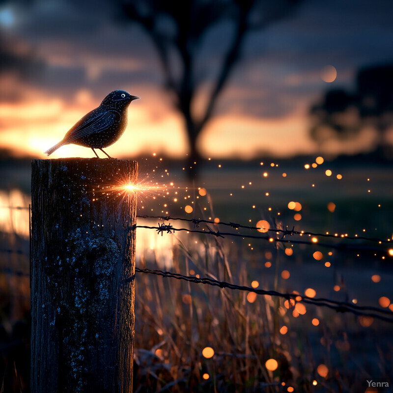 A bird perched on a wooden post in a rural landscape during sunset or sunrise.