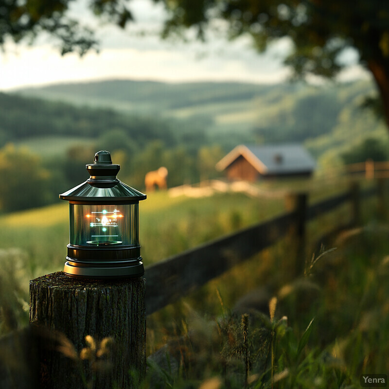 A serene landscape with a fence and a building in the distance.