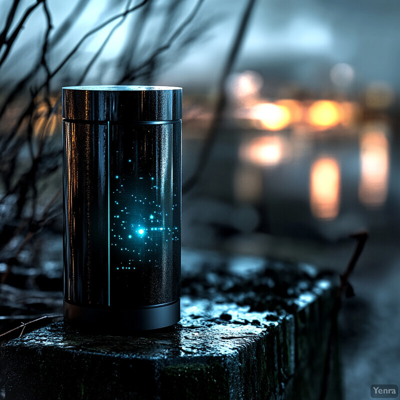 A cylindrical object with blue lights is placed on a wet surface in an urban environment at night.