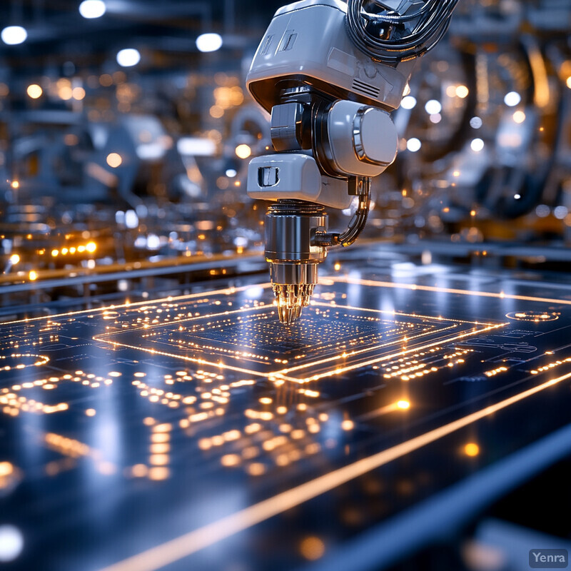 A robotic arm is used to etch circuitry onto a silicon wafer using laser technology.