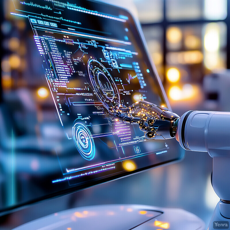 Automated chart review and coding system in use, with a robotic arm scanning data.