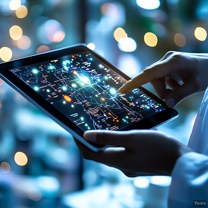 A person holds an iPad displaying a digital city map in a laboratory setting.