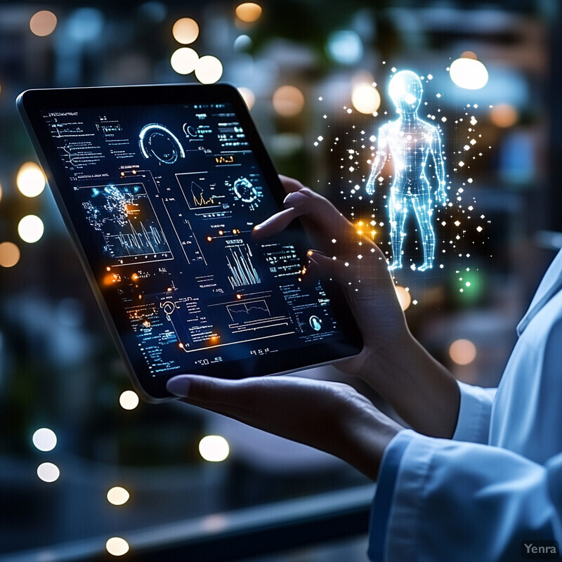 A person in a white lab coat holds an iPad displaying graphs and charts while interacting with the screen.