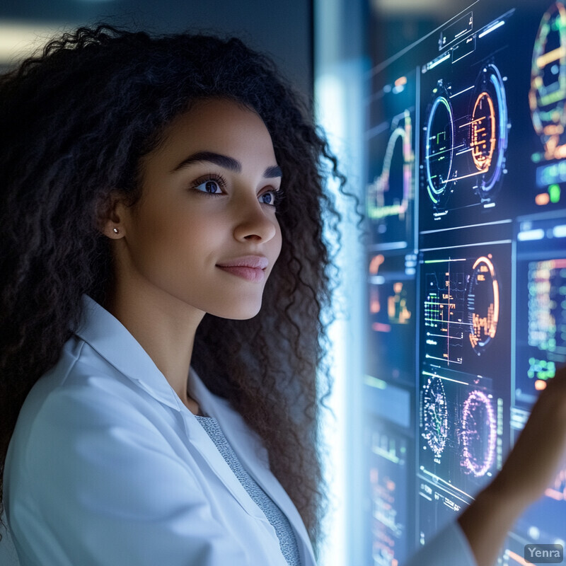 A woman in a lab coat looking at a large screen displaying technical-looking graphics.