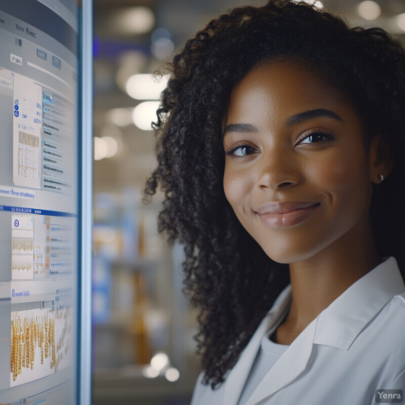 A woman in a white lab coat stands in front of a large screen displaying various graphs and charts.