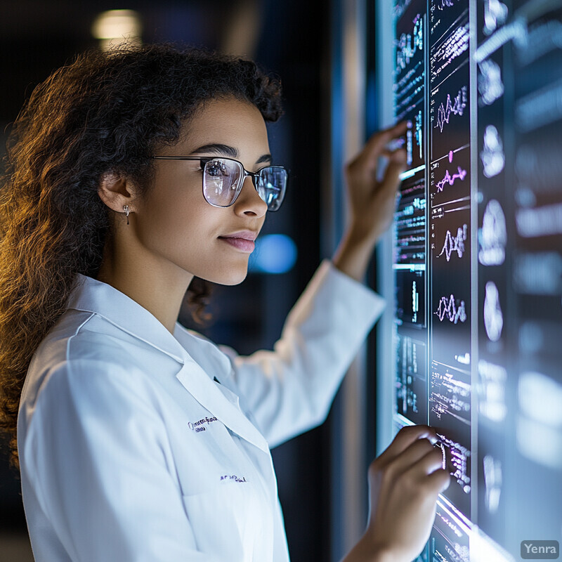 A woman in a white lab coat is standing in front of a large screen displaying graphs and charts, possibly engaged in a discussion or presentation.