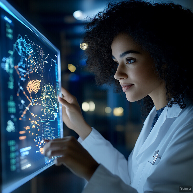 A woman in a lab coat is standing in front of a large screen displaying data and graphs, holding a tablet with a stylus.