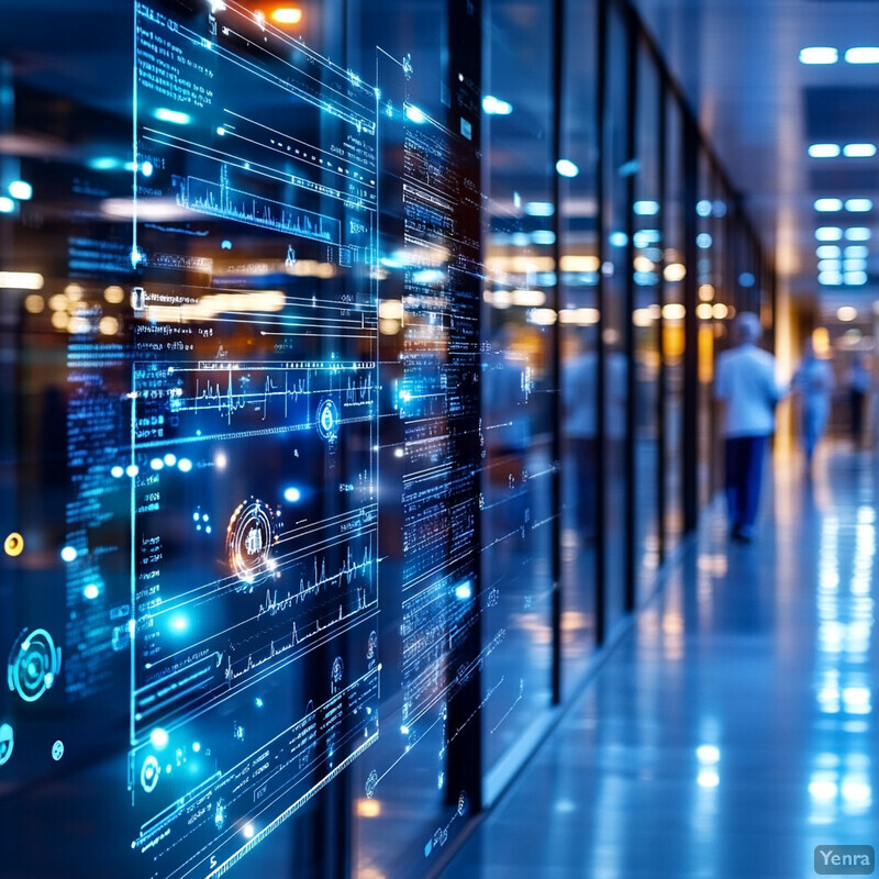 A server room with multiple rows of identical servers stacked on top of each other.