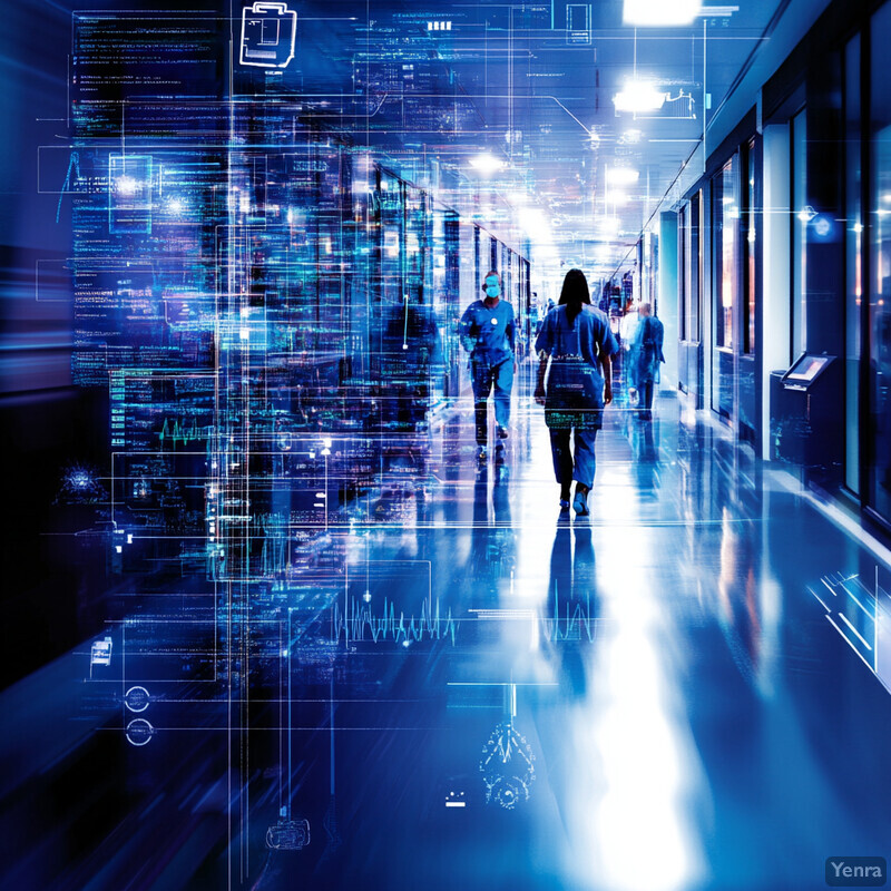 A futuristic-looking hallway with people in blue scrubs walking towards the camera.