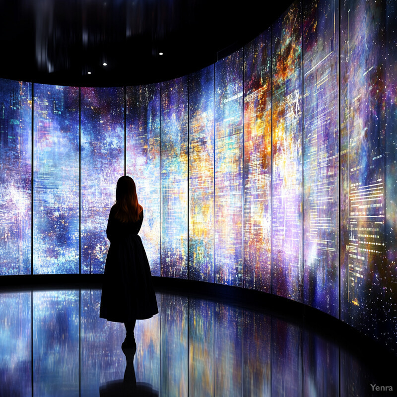 A woman stands in front of a large, curved wall covered with vibrant, abstract art.