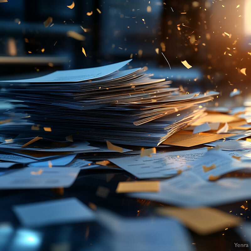 A chaotic scene of papers scattered across a table or desk, with a prominent stack in the center and several other documents strewn about.