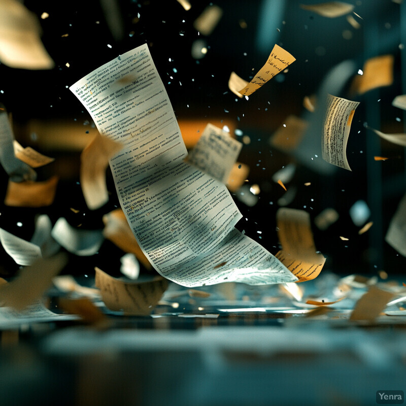 A chaotic scene of papers flying through the air, with some appearing to be floating above water.