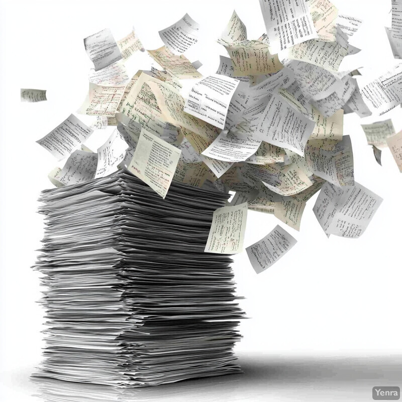 A large stack of papers with text on them, with some flying out of the stack.