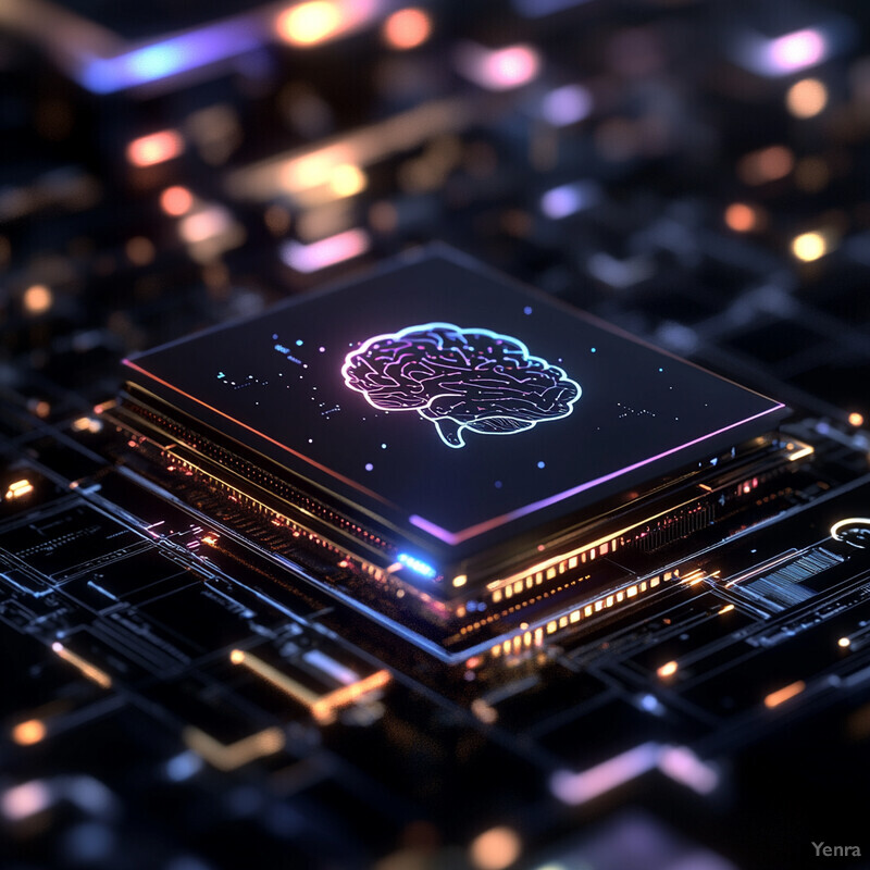 A computer chip with a brain graphic on it, surrounded by other objects.