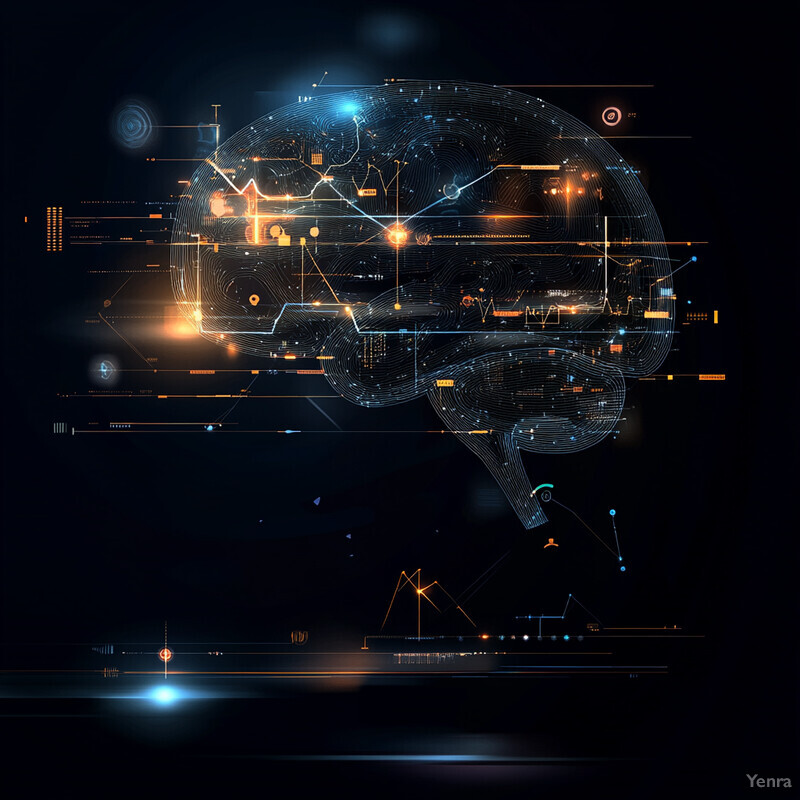 A futuristic concept of data mining for undiagnosed conditions featuring a glowing brain graphic with intricate patterns and symbols.