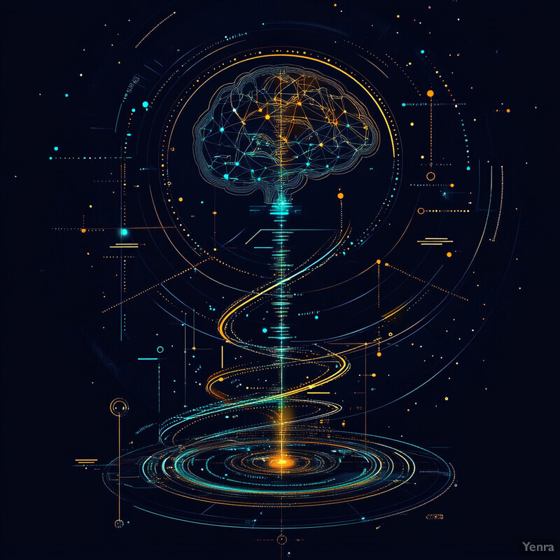 A futuristic and abstract representation of data mining for undiagnosed conditions, featuring a glowing blue circle with an orange dot at its core surrounded by smaller circles and lines.