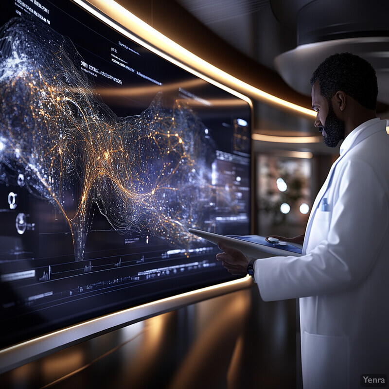 A medical professional in a white lab coat is analyzing a complex network diagram on a large screen.