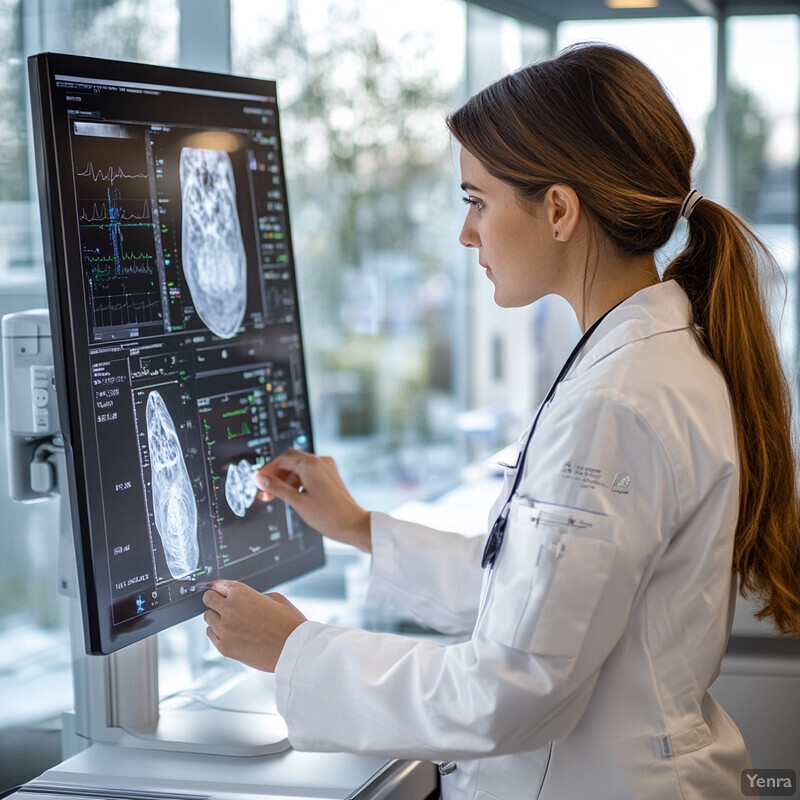 A woman in a white lab coat examines an X-ray or CT scan on a computer monitor.