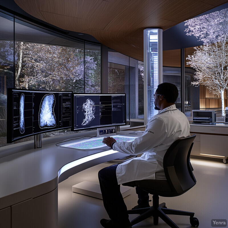 A man in a white lab coat is sitting at a desk with multiple computer monitors displaying medical images.