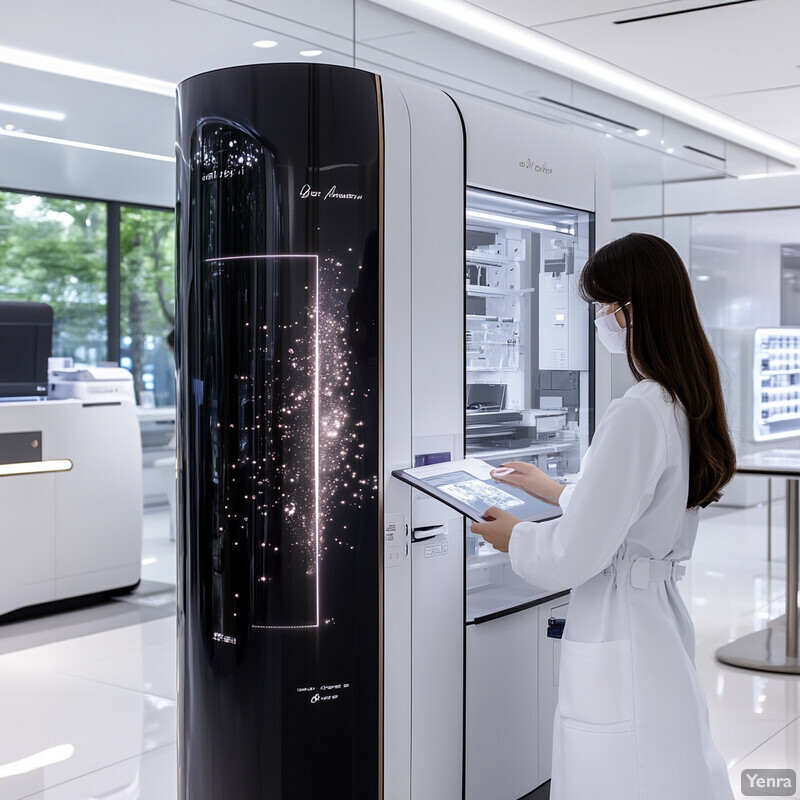 A woman in a lab coat stands in front of a large display screen with a tablet computer, surrounded by medical equipment.