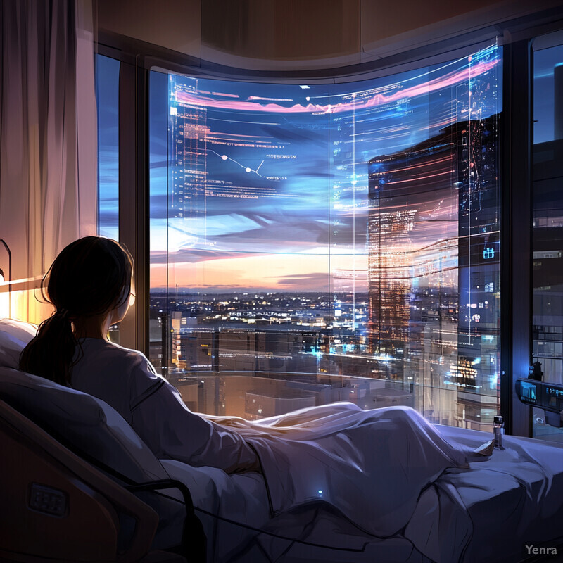 A young woman sits comfortably in bed, gazing out of her window at the breathtaking cityscape beyond.