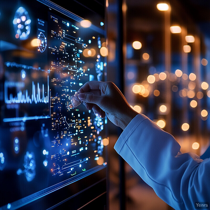 A person in a lab coat is standing in front of a large screen displaying various graphs and charts.