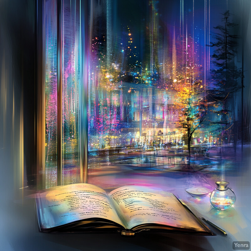 A dreamlike digital artwork featuring an open book and a cityscape reflected in a glass wall.