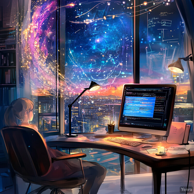 A woman works intently at her desk in front of a computer monitor, gazing out the window at the cityscape.