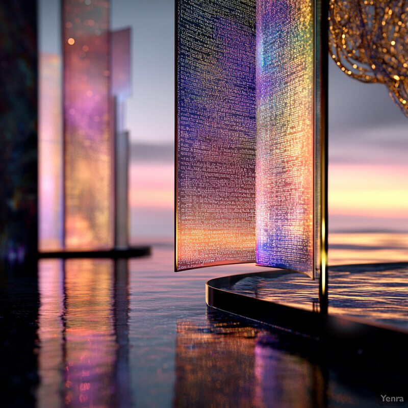 A serene and futuristic scene featuring four tall, slender pillars covered in a textured material, standing in the water.