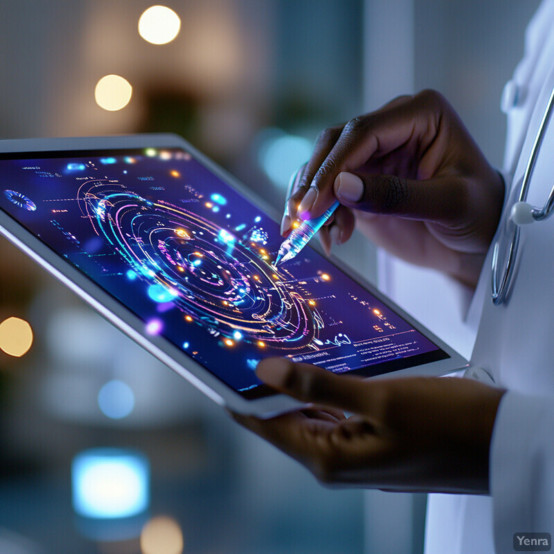 A medical professional or researcher examines a tablet with data visualization