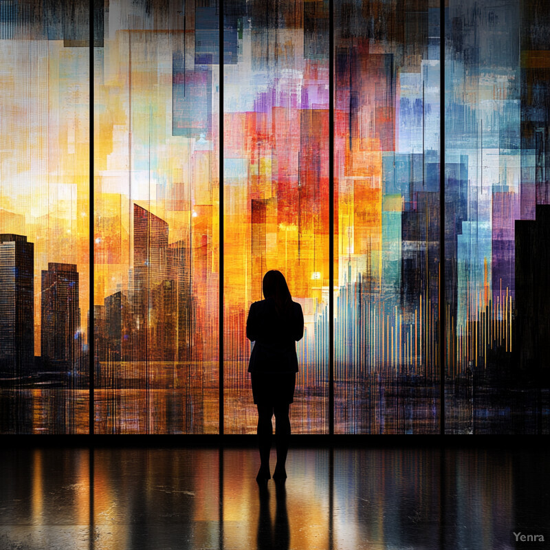 A woman stands in front of a large window or wall, gazing out at an abstract cityscape painting.