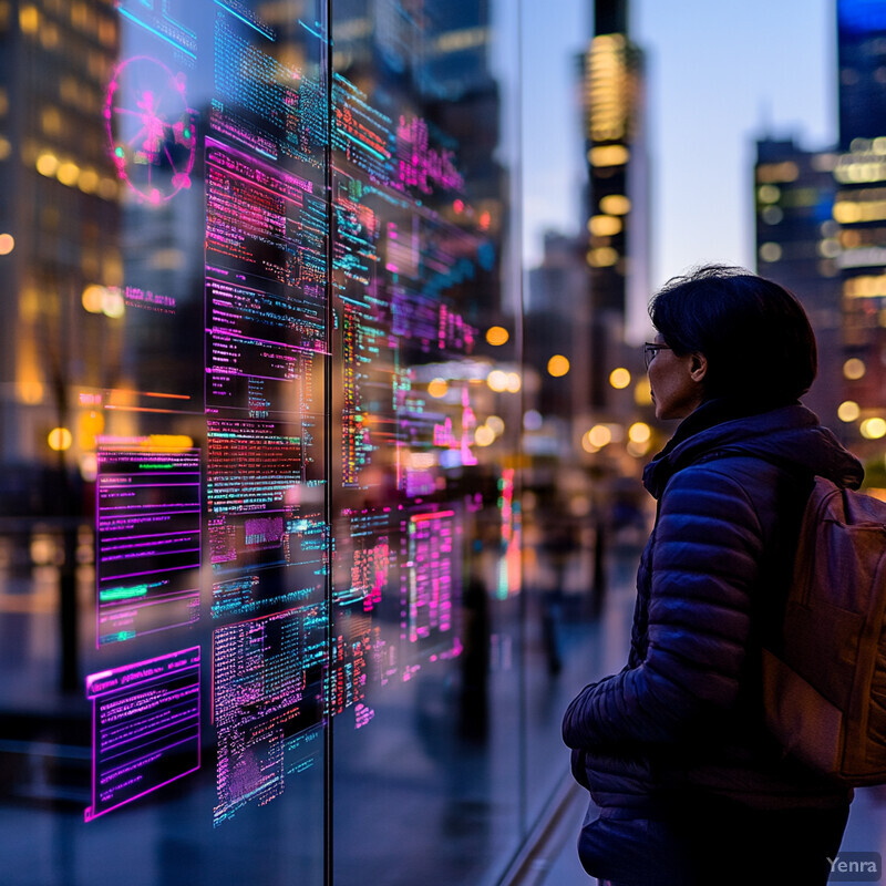 A woman stands in front of a screen displaying various lines of code, with the city skyline visible behind her.