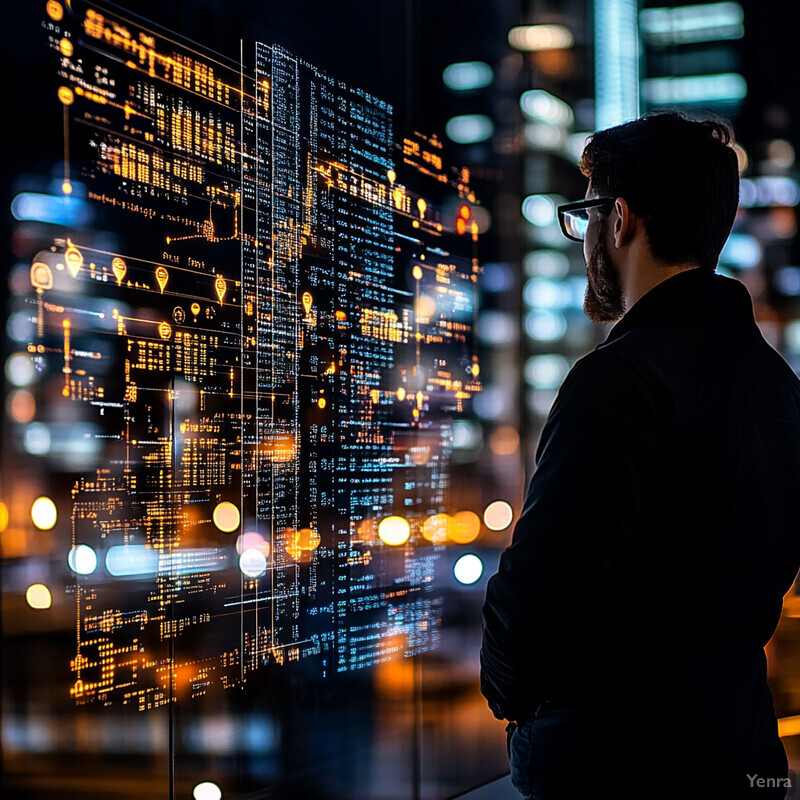 A man stands in front of a large screen displaying a cityscape at night, with various data points and statistics overlaid on top.