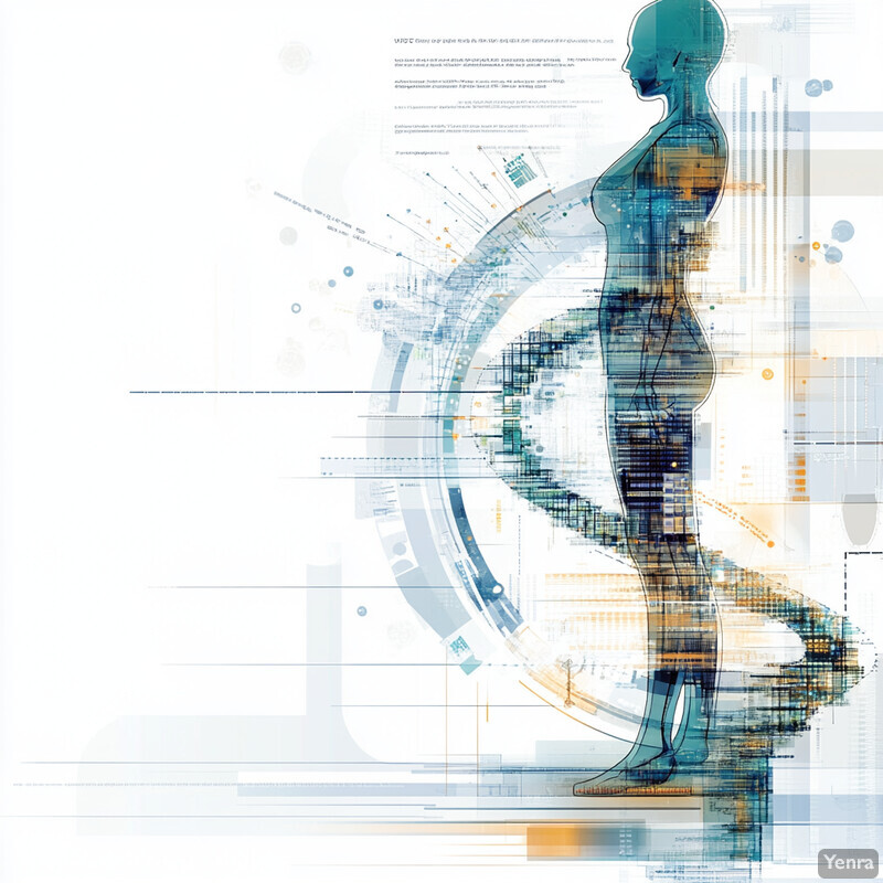 A woman stands in front of a white background, surrounded by abstract lines and shapes that represent data-driven insights for disease progression.