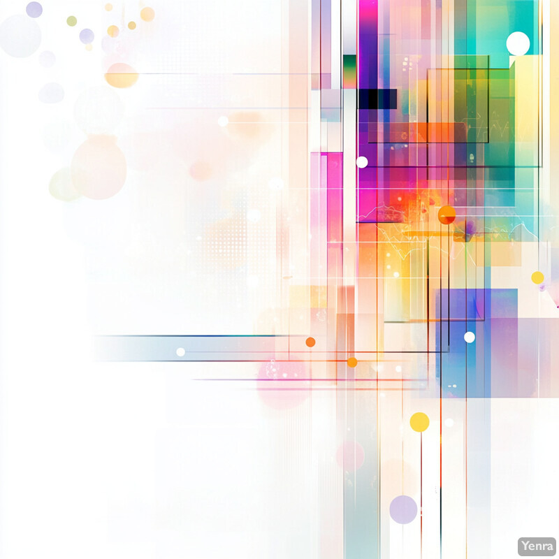 A colorful abstract artwork featuring geometric shapes and lines in various colors against a white background.