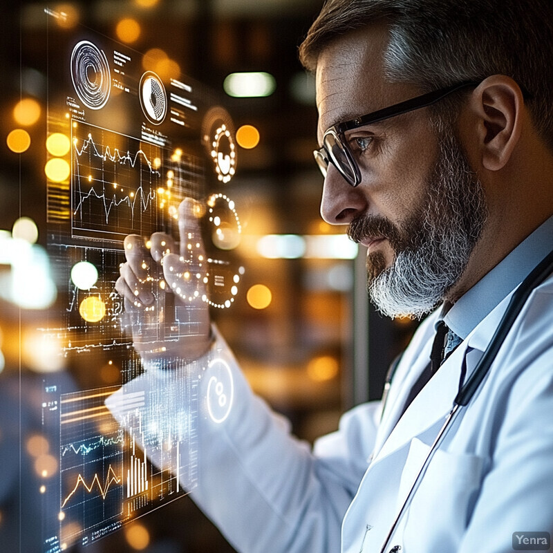 A doctor reviews a patient's chart on a tablet in a hospital or medical office setting.