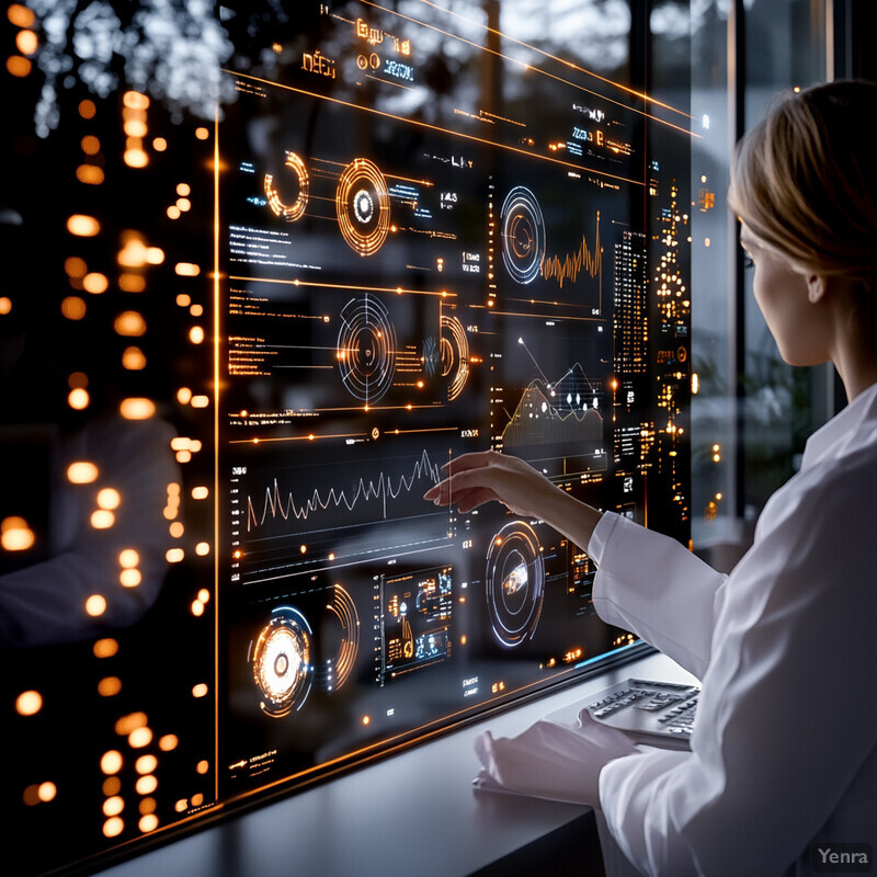 A woman in a white lab coat is intensely analyzing data on a large computer screen.