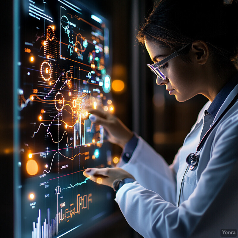 A woman in a white lab coat examines computer graphs