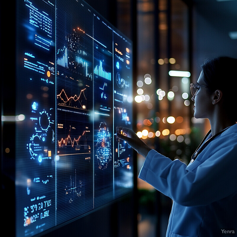 A woman in a white lab coat is analyzing data on a large screen.