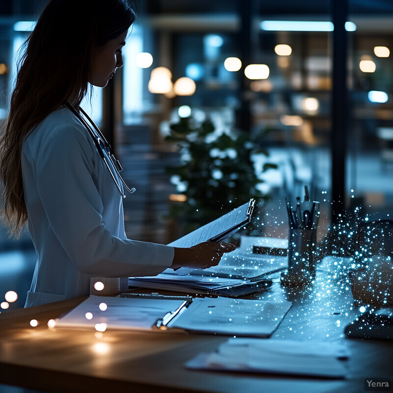 A woman in a white lab coat is working on her tasks at a desk.