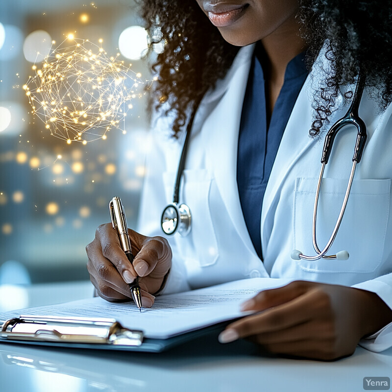 A doctor or nurse is writing on a clipboard in an office setting.