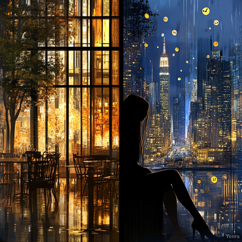 A woman sits in front of a window overlooking the Empire State Building, lost in thought.